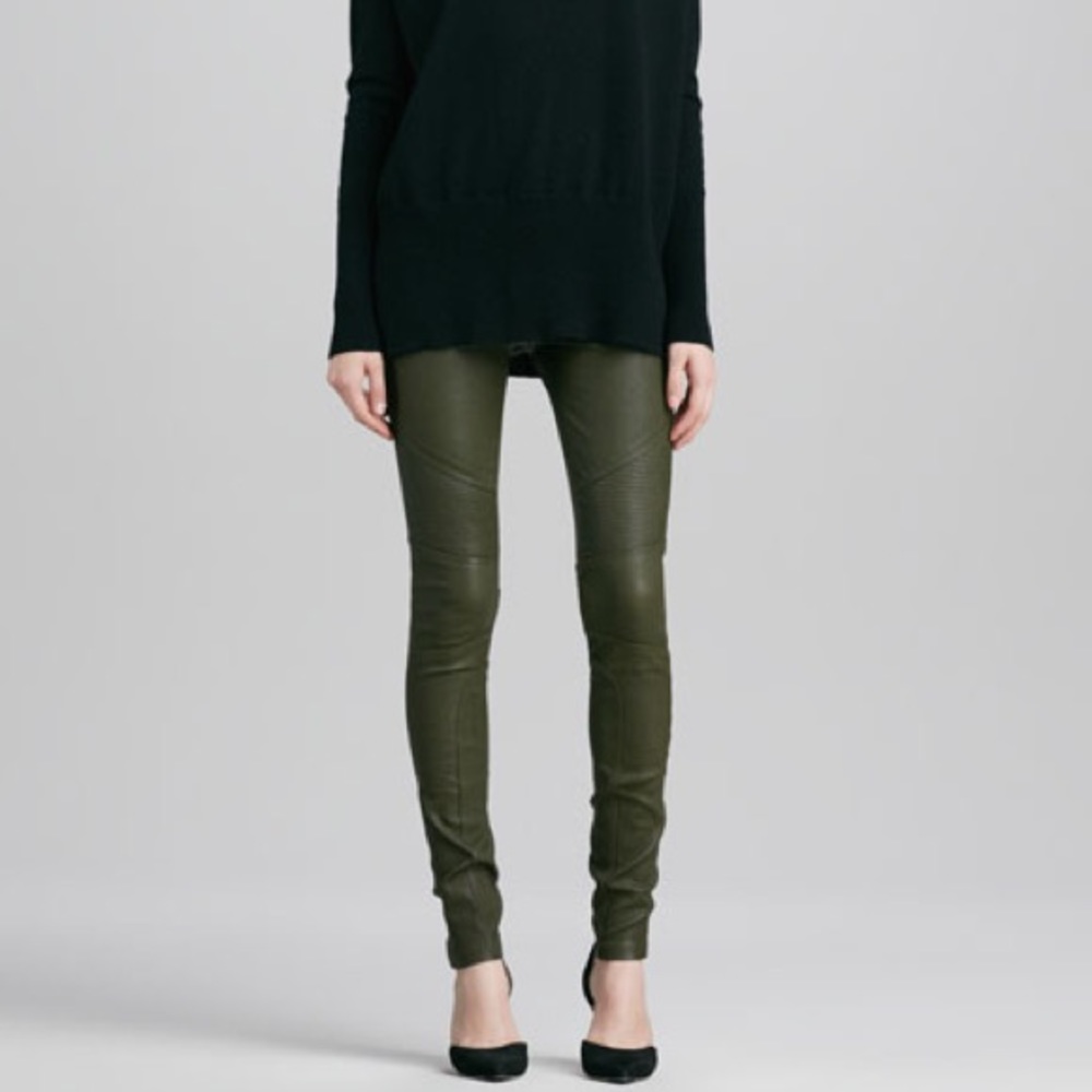 Vince Leather Olive Green Motorcycle Skinny Pants